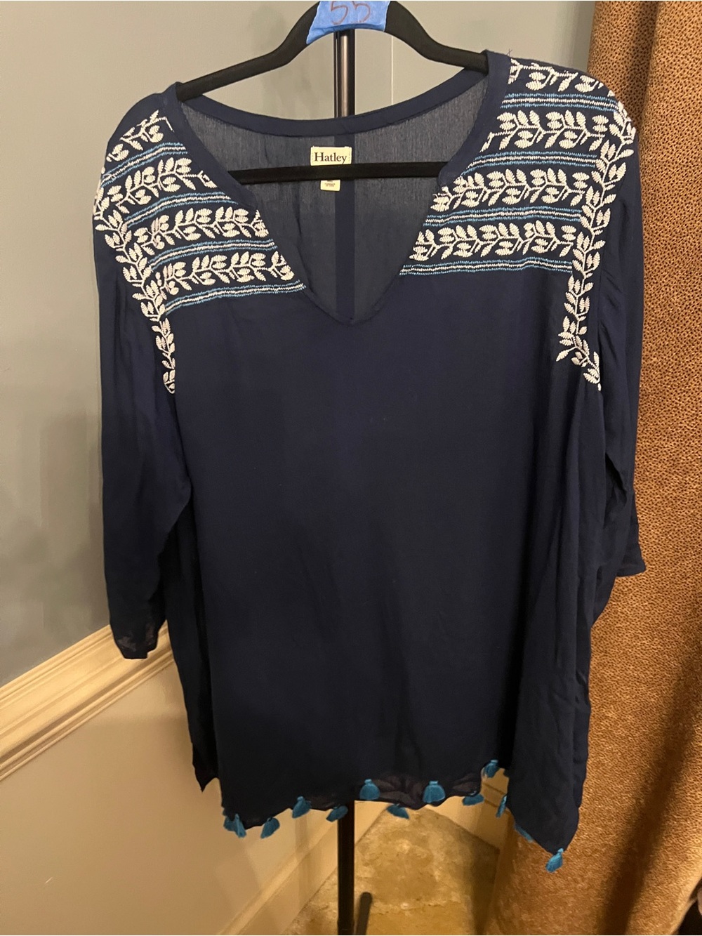 Hatley Navy Tunic with White Embroidered Yoke and Blue Tassels